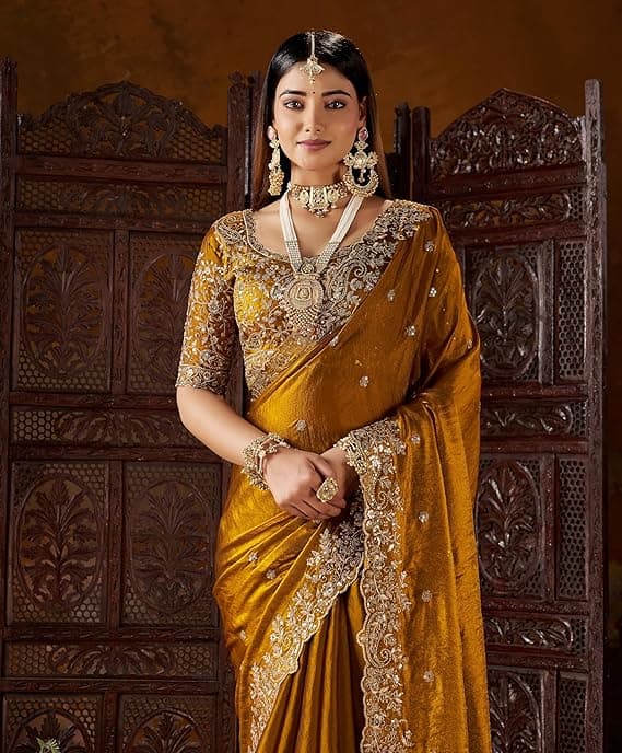 Women's Silk Saree with Embroidered Blouse Piece, Traditional Parte Wear with Gold Border and Hand Work 1