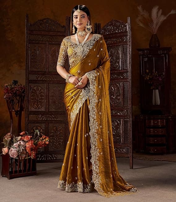 Women's Silk Saree with Embroidered Blouse Piece, Traditional Parte Wear with Gold Border and Hand Work 5
