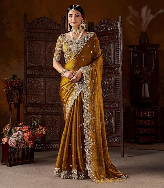 Women's Silk Saree with Embroidered Blouse Piece, Traditional Parte Wear with Gold Border and Hand Work 6