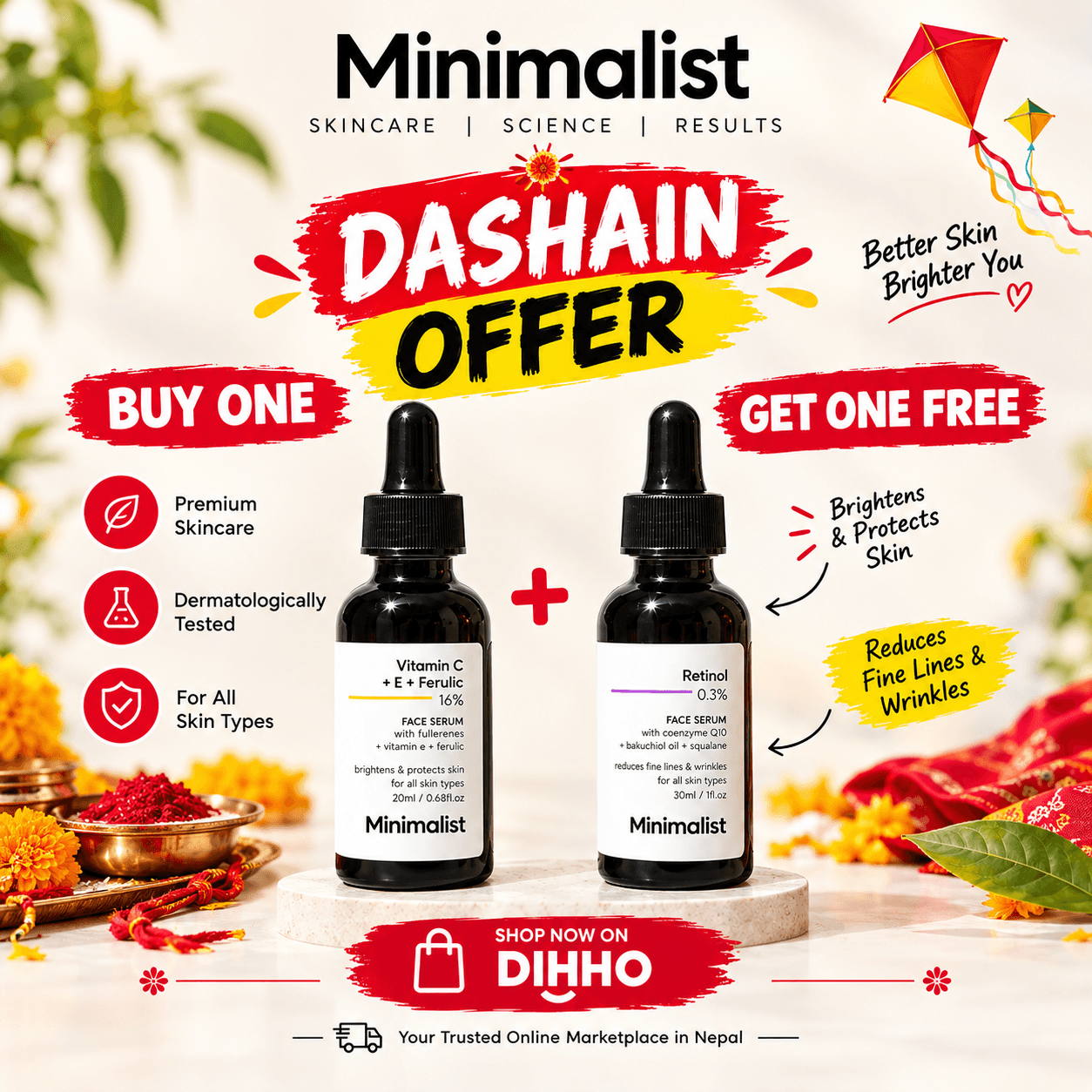 Minimalist Vitamin C + E + Ferulic 16% & Retinol 0.3% Face Serum โ Buy 1 Get 1 Free 1