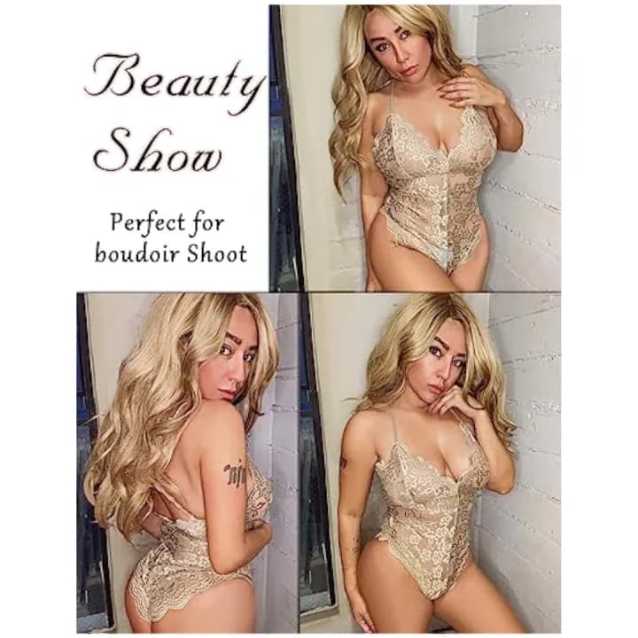 Women Deep V Lingerie Lace Teddy One Piece Babydoll Mini Bodysuit Free Size Cream Color 3