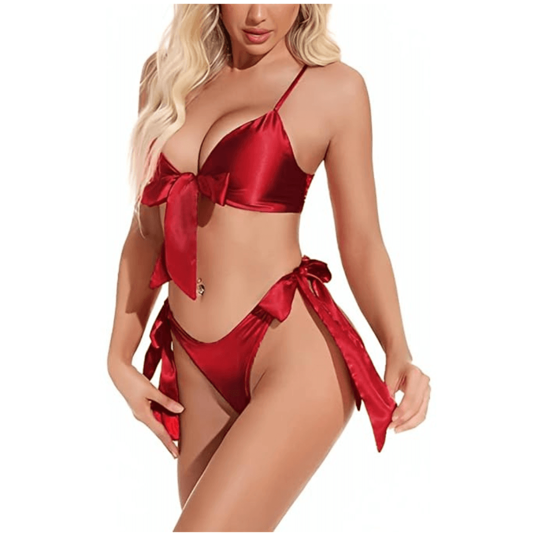 Women Babydoll Black Lingerie Set Satin Silk Two Piece Bra and Panty Sets for Valentine Honeymoon Nightwear Dress Free Size Maroon Color 2