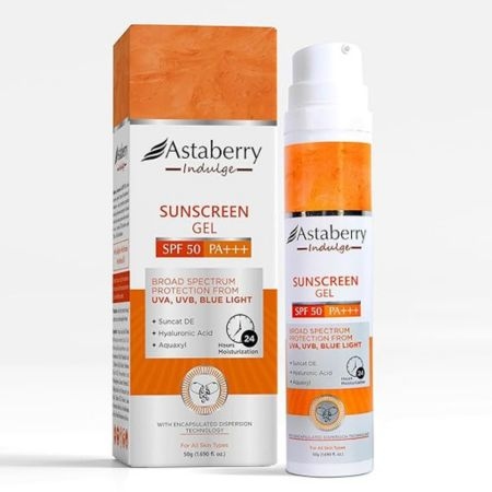 Astaberry Indulge Sunscreen Gel SPF 50 PA+++ 50g, Broad Spectrum protection from UVA/B & Blue Light Protection. 1