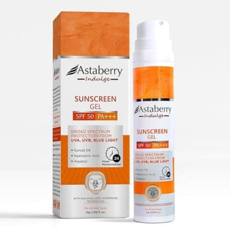 Astaberry Indulge Sunscreen Gel SPF 50 PA+++ 50g, Broad Spectrum protection from UVA/B & Blue Light Protection.