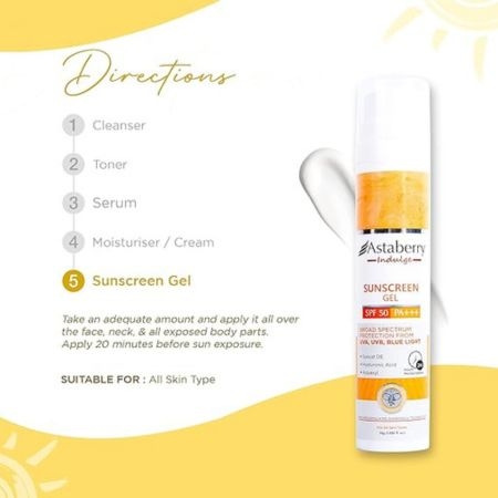 Astaberry Indulge Sunscreen Gel SPF 50 PA+++ 50g, Broad Spectrum protection from UVA/B & Blue Light Protection. 3