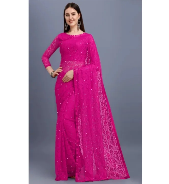 Awafu Womens Net Saree Pink 1