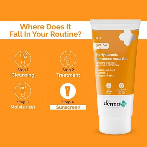 The Derma Co 1% Hyaluronic Sunscreen SPF 50 Aqua Gel - 80g, PA++++, Lightweight, No white-cast for Broad Spectrum & Blue Light Protection for Oily and Dry Skin 1