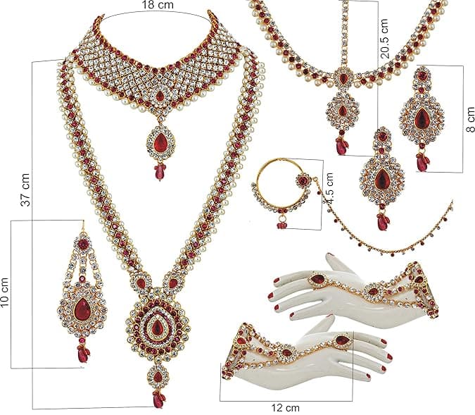 Bridal Dulhan Designer 18k Gold Plated Magenta Color Pearl Stone Set 9 pcs. for Women & Girls 5
