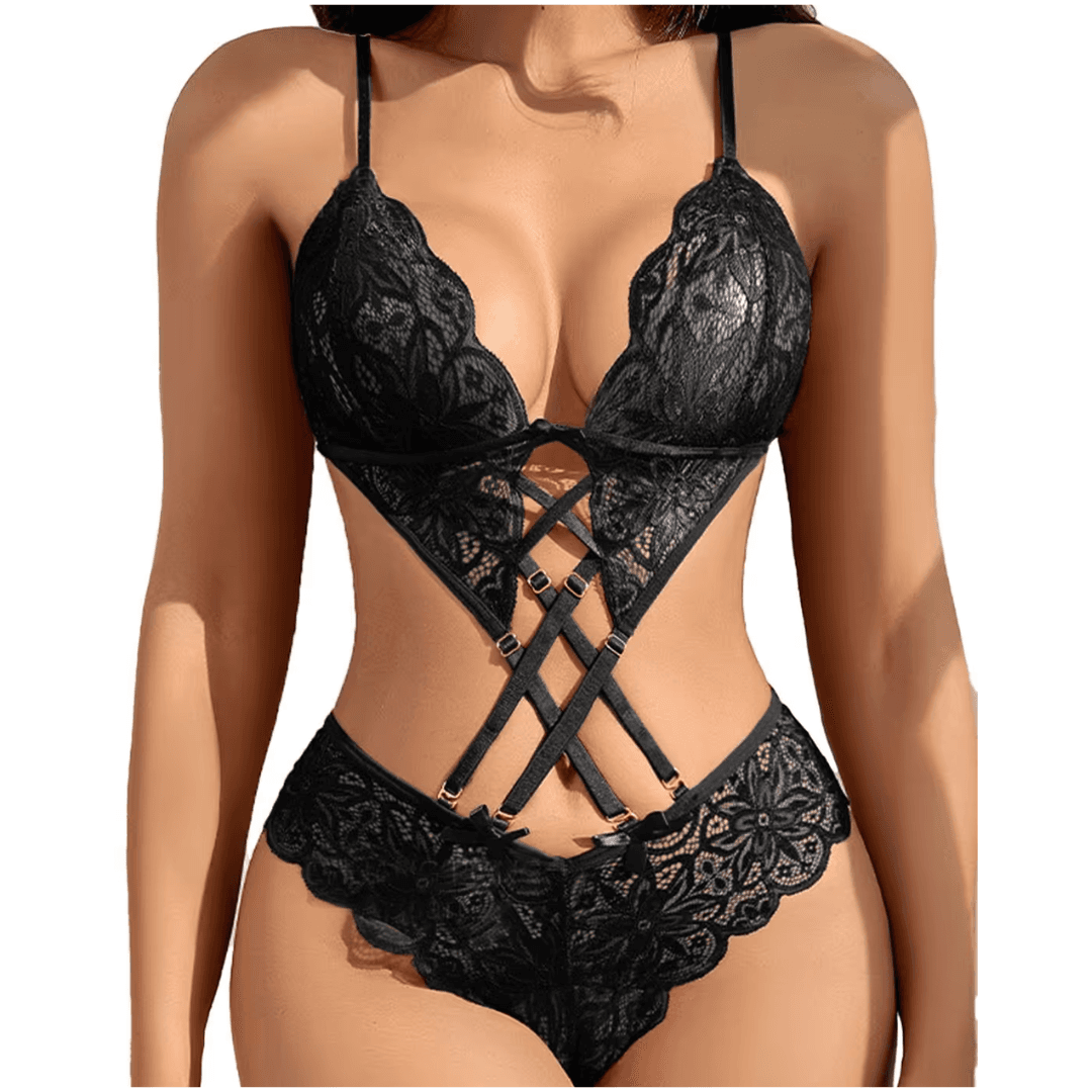 "Women Lingeries Deep V Teddy Lingerie Lace Bodysuit Cut Out One Piece Mini Babydoll Free Size Black Color"