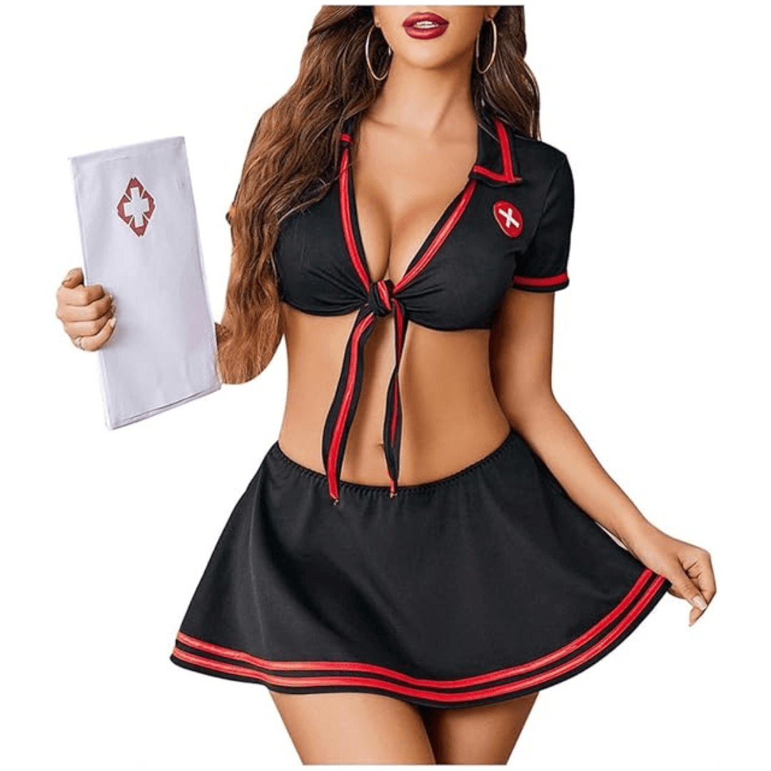 Women Two-Piece Costume Set, Black Nurse Roleplay Dress with Heart Design and Lace Trim, V-neck Short Sleeve With G-string Panty Free Size Black Color