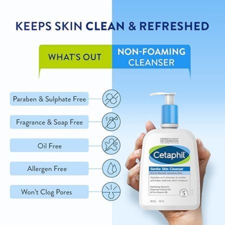 Cetaphil Gentle Skin Cleanser - 500ml, For Dry, Normal Sensitive Skin, Hydrating Face Wash With Niacinamide,Vitamin B5, Dermatologist Recommended, Paraben, Sulphate Free. 5