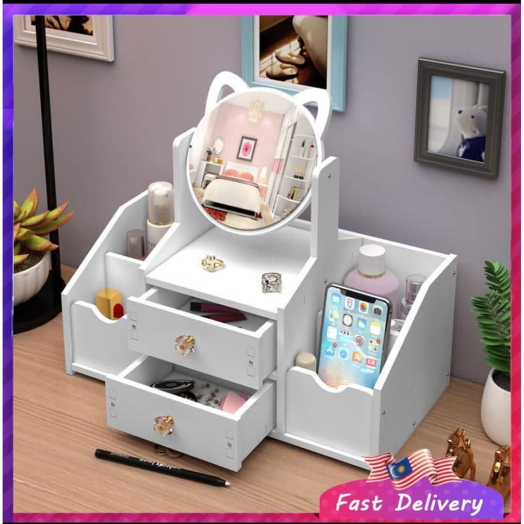 Cosmetic Organizer Box With Round Mirror