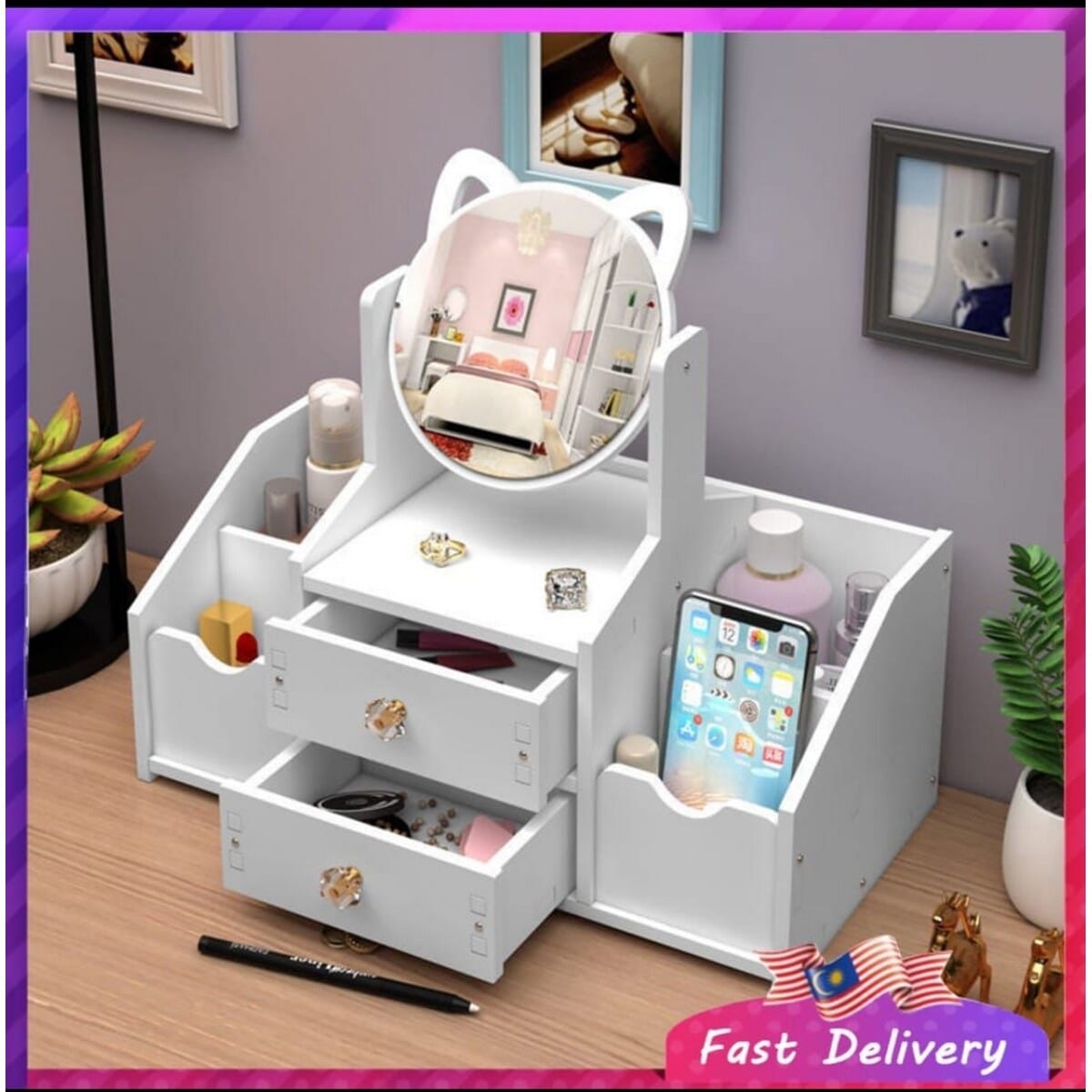 Cosmetic Organizer Box With Round Mirror 1