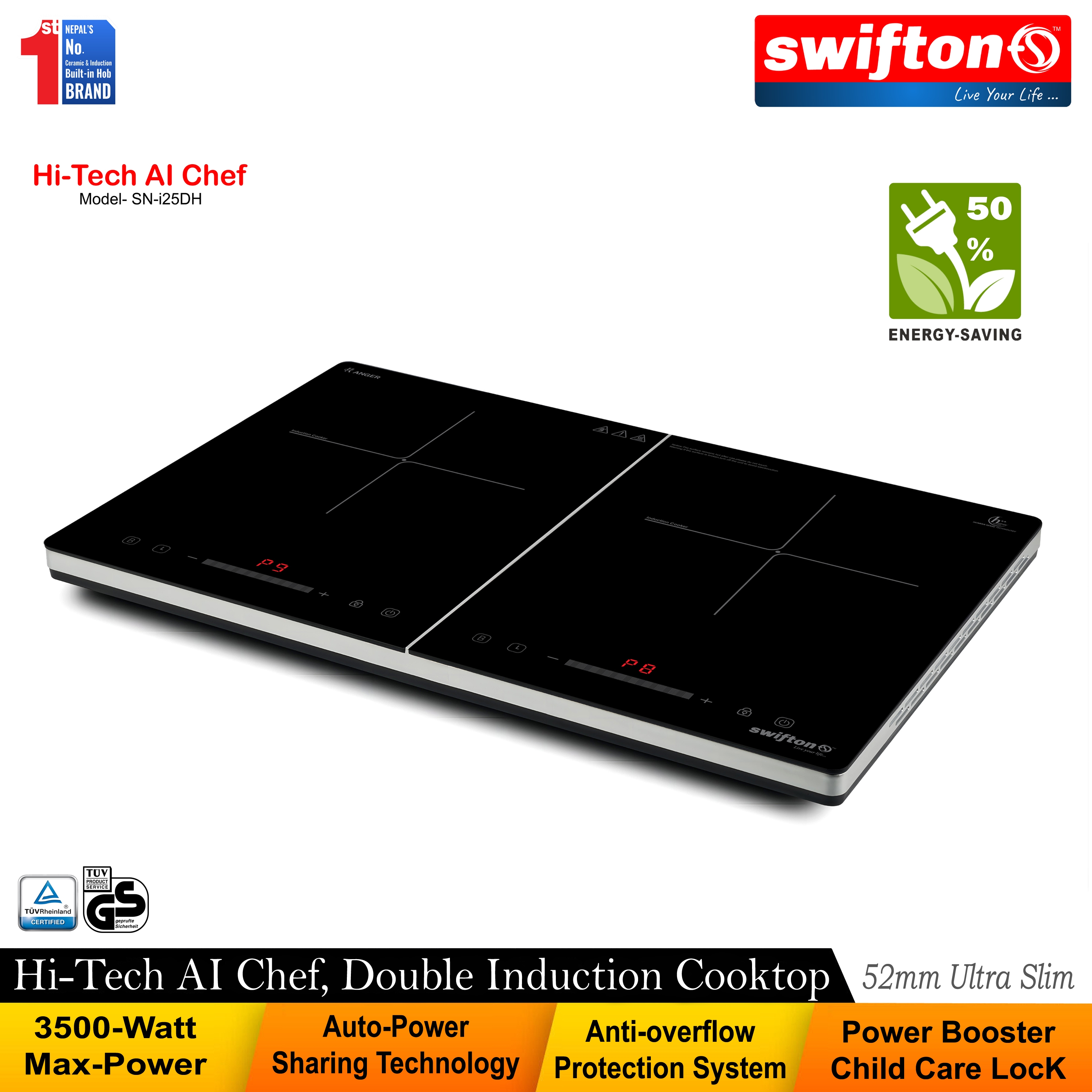 Swifton Double 2 Induction Cooktop Anti Overflow Protection 9 Cooking Power level Power Booster Child Lock Timer SN-i25DH 1