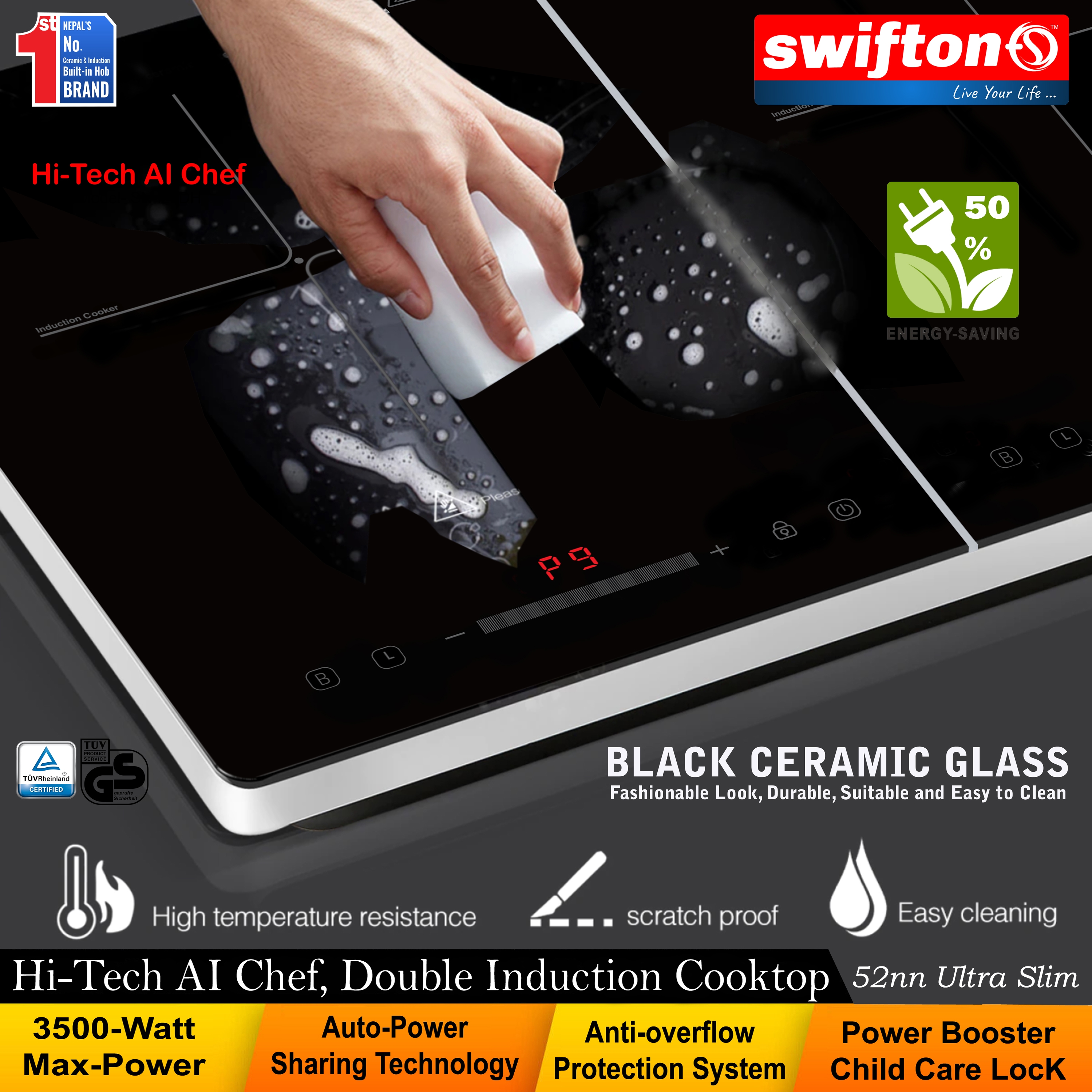 Swifton Double 2 Induction Cooktop Anti Overflow Protection 9 Cooking Power level Power Booster Child Lock Timer SN-i25DH 5