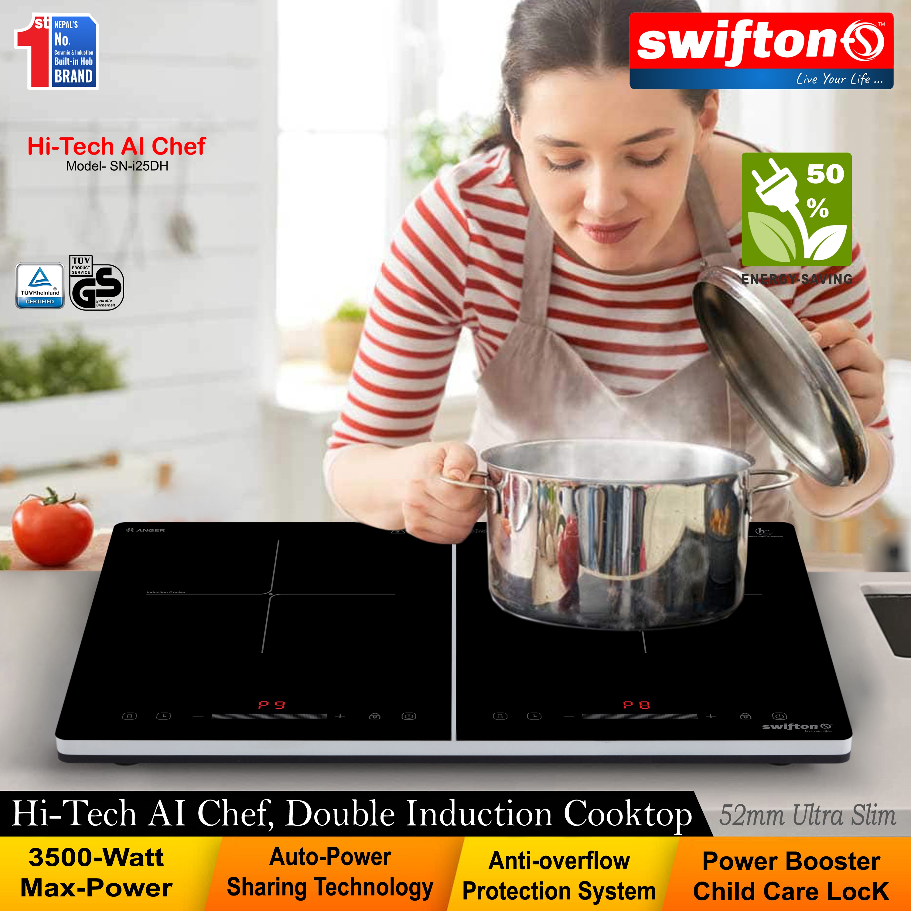 Swifton Double 2 Induction Cooktop Anti Overflow Protection 9 Cooking Power level Power Booster Child Lock Timer SN-i25DH 6