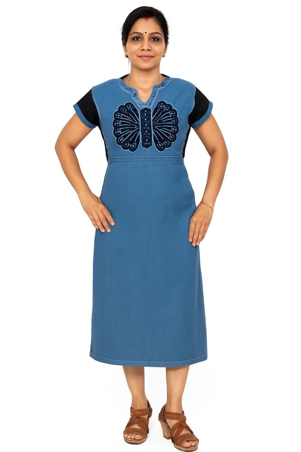 Denim Embroidered Midi Dress Butterfly Design Casual Wear for Women