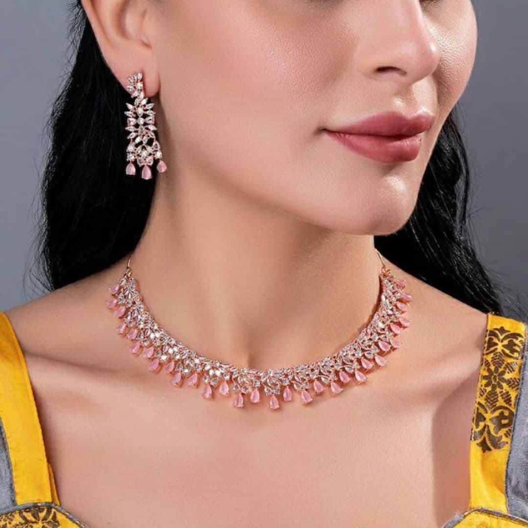 Diamond AD Necklace Rose Gold Choker Statement Jewelry Set 1