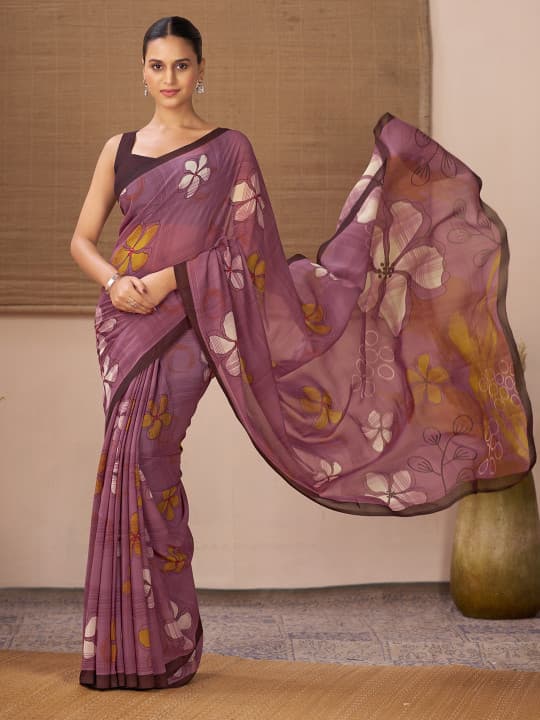 Floral Print Pure Chiffon Saree 4