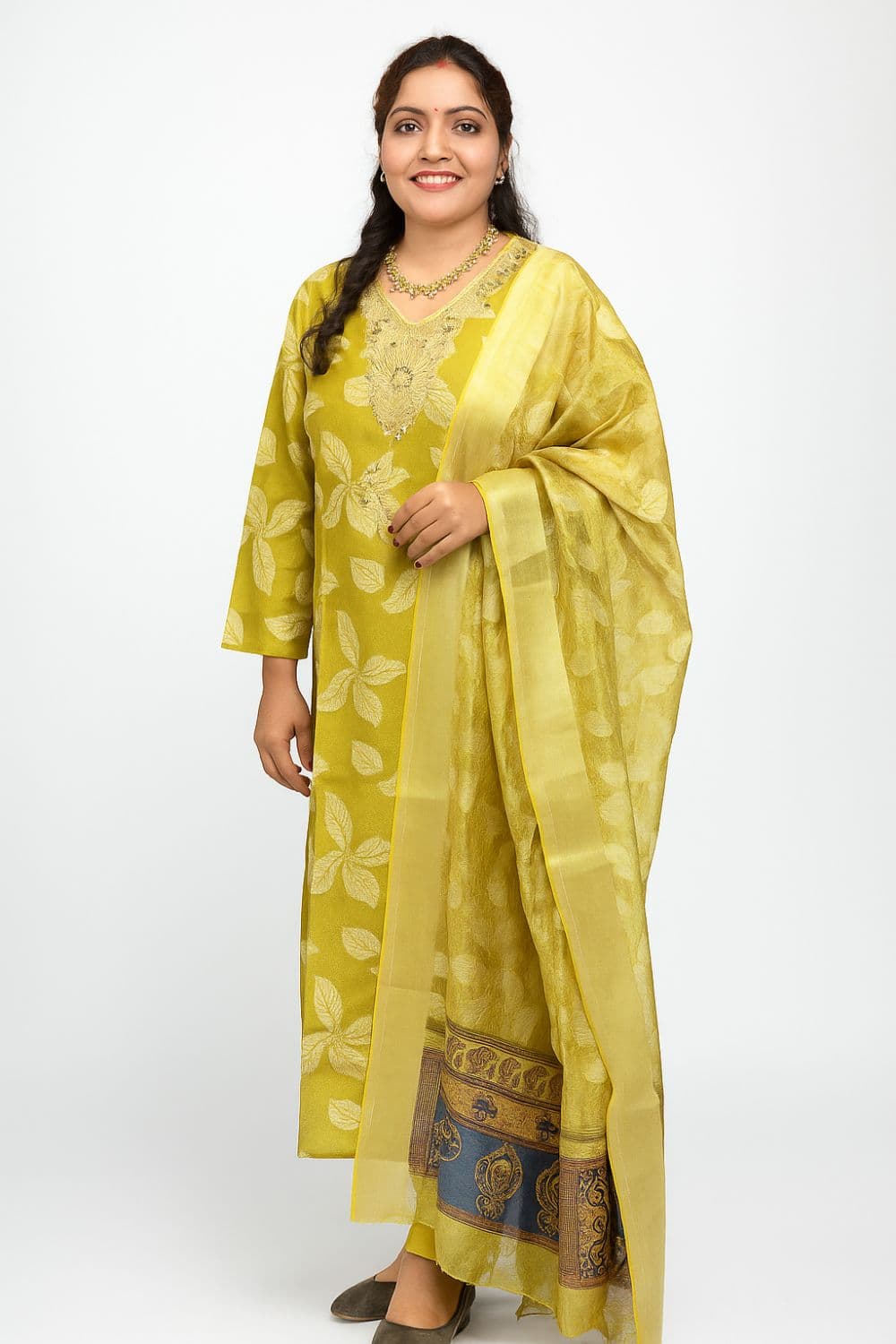 Elegant Mustard Yellow Floral Kurta Set with Dupatta – Traditional Ethnic Wear