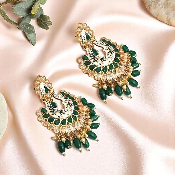 Floral Design, Pearl Detailing, Kundan Work | Lightweight & Stylish Ethnic Dangler Earrings for Women & Girls 2