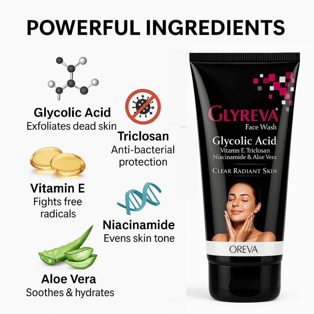Oreva Dermacare Glyreva Face Wash 100gm - Glycolic Acid Face Wash With Vitamin E, Niacinamide & Aloe Vera – Anti-Acne, Brightening & Hydrating Face Wash for Radiant, Even Skin Tone 1