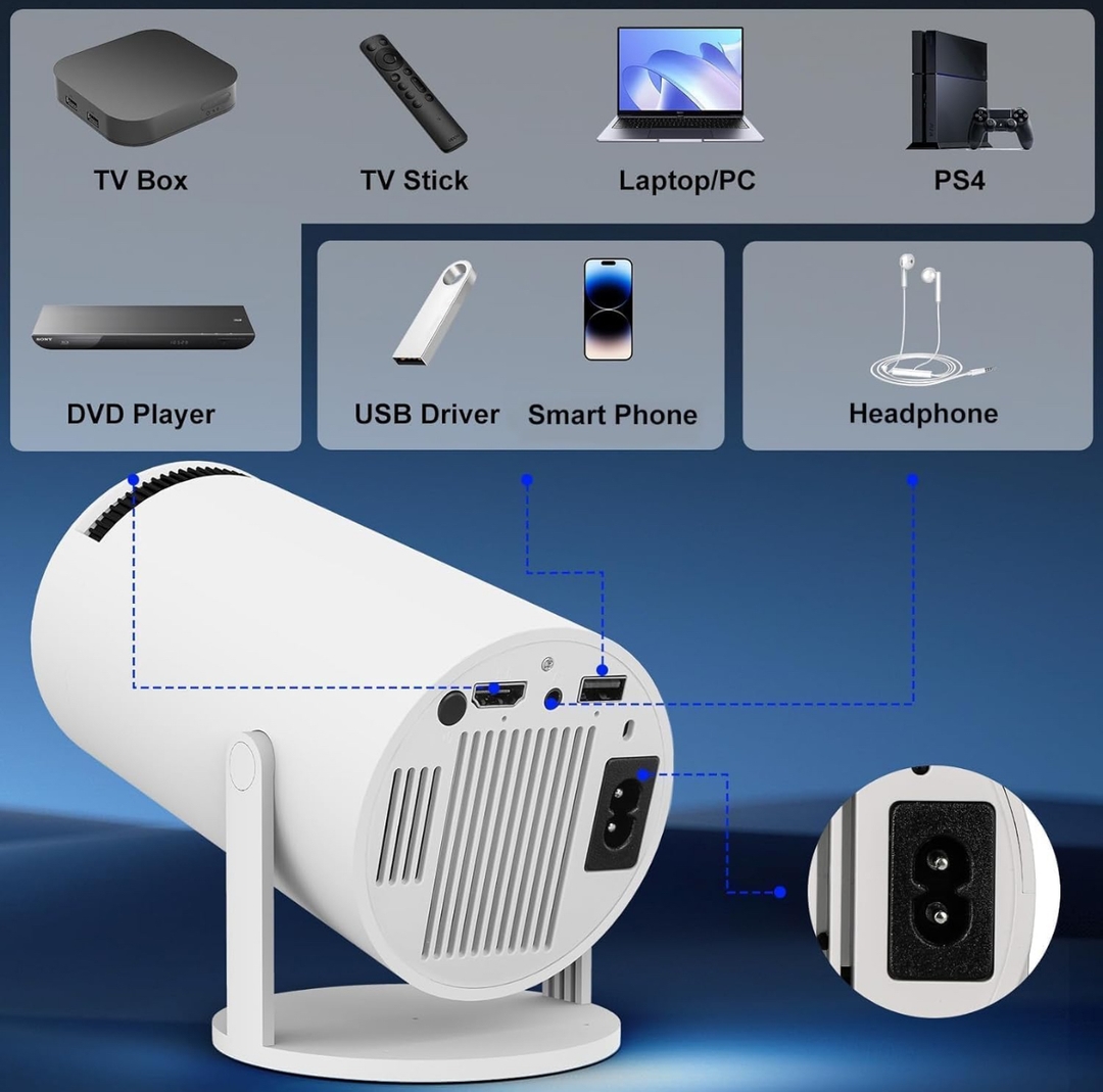 Portable Projector, 4K 1080P Full HD Projector, Support Video Projector, WiFi 5G BT 5.0, Cinema Projector 180° Can Be Rotated, Android 11, Compatible with TV Stick/Windows/iOS/Android (White) 6