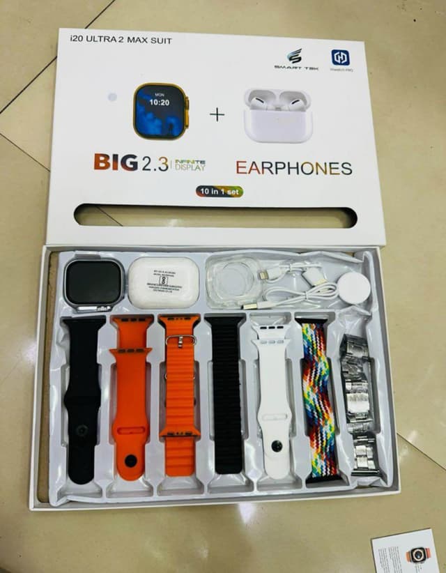 10 in 1 Set i20 Ultra MAX Suit SmartWatch + Airpods Pro with Transparent Watch Screen Guard with 7 Straps | HD Display | Bluetooth Calling | Sports Mode