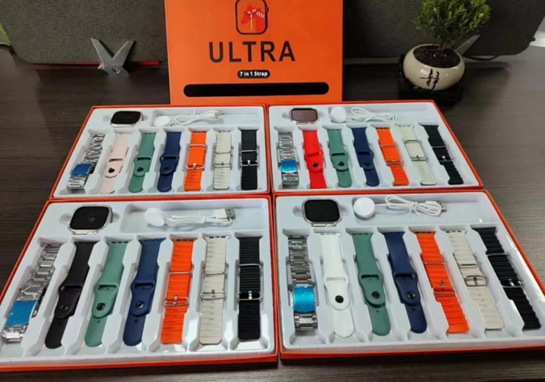 the ultimate Smart Watch Ultra 2 bundle with 7 stylish straps, 1 watch, and a wireless charger – perfect for style and convenience!