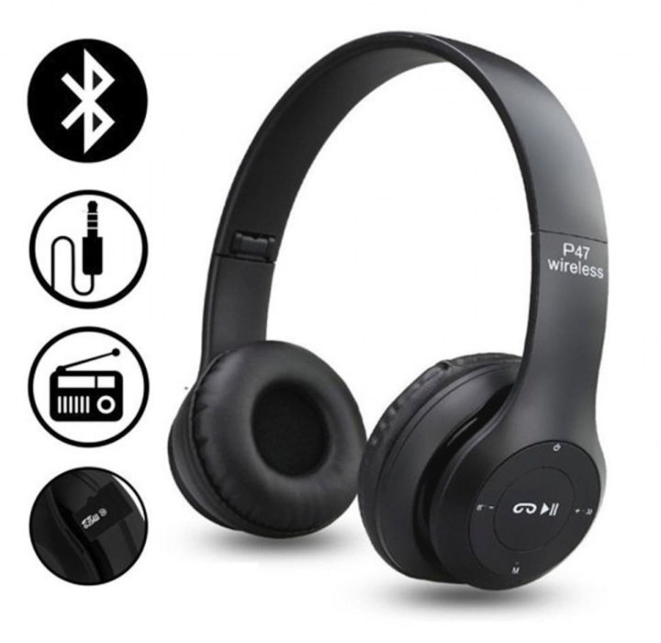 100% Quality Wireless Headphones Over Ear P47 Super Bass 5.1, Volume Control, Bluetooth, Card Support SD, LED Lights, Compatible with Android, Built-in Microphone, FM Radio 2