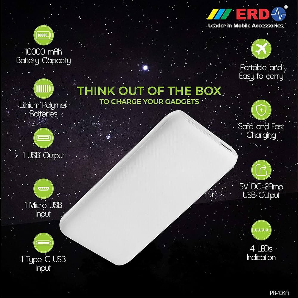 ERD PB-60 Li-ion Power Bank | 20100mAh | Dual Output Port and Single Input Port | Compatible with Smartphones, Smart Watches, Neckbands & Other Devices | White 1