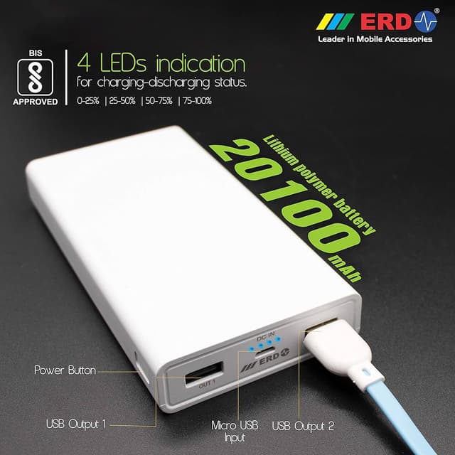 ERD PB-60 Li-ion Power Bank | 20100mAh | Dual Output Port and Single Input Port | Compatible with Smartphones, Smart Watches, Neckbands & Other Devices | White