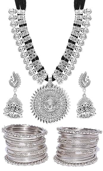 Jewellery Sets for Women Silver Plated Afghani Tribal Necklace Jewellery set with Earrings and Bangles Combo For Girls/Women