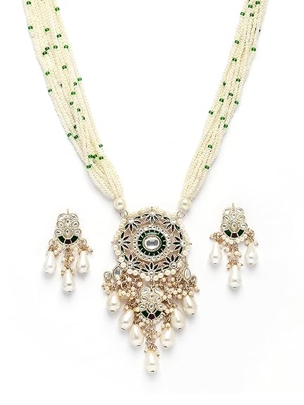 Karatcart Red & Green Beaded Long Kundan Rani Haar Necklace Set for Women 5
