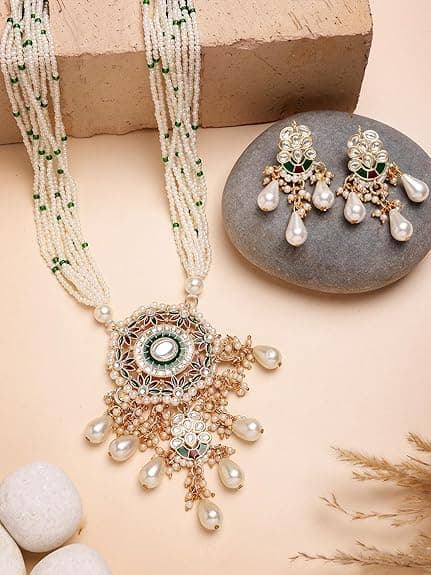 Karatcart Red & Green Beaded Long Kundan Rani Haar Necklace Set for Women 1