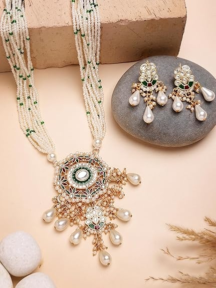 Karatcart Red & Green Beaded Long Kundan Rani Haar Necklace Set for Women 2