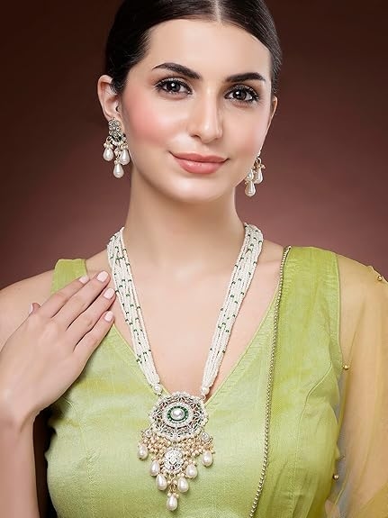 Karatcart Red & Green Beaded Long Kundan Rani Haar Necklace Set for Women 4