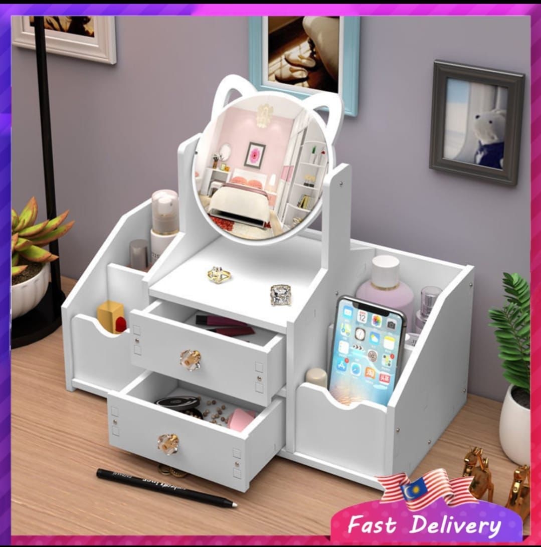 Kitty Table Mirror Storage Makeup Box With Drawer 1