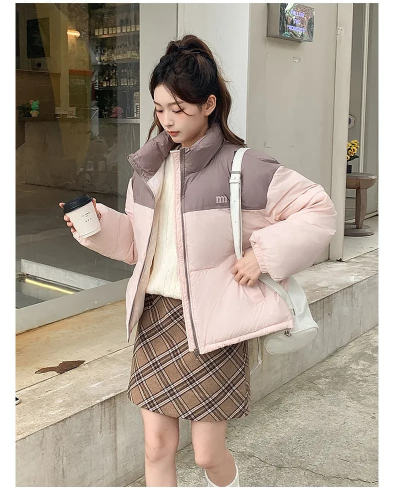 jacket ladies Stand Collar Two Tone Zip Puffer Jacket 3