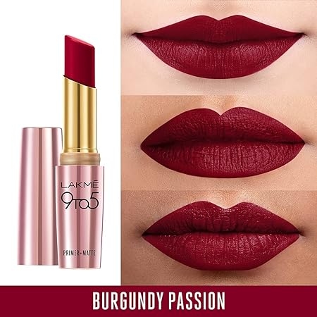 Lakme 9 To 5 Primer + Matte Lipstick - 3.6 g, Matte Finish, Lightweight Lipstick, Lasts For 16Hrs, Nourishes Lips & Great For Daily Use, Burgundy Passion 2