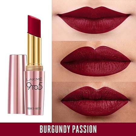 Lakme 9 To 5 Primer + Matte Lipstick - 3.6 g, Matte Finish, Lightweight Lipstick, Lasts For 16Hrs, Nourishes Lips & Great For Daily Use, Burgundy Passion 1
