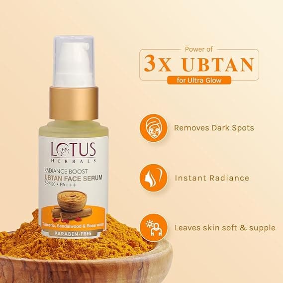 Lotus Herbals Radiance Boost Ubtan Face Serum - 30 ml, Turmeric, Sandalwood and Rose Water, Glowing Skin , Reducing Dark Spots, Paraben free, Mineral Oil Free 1