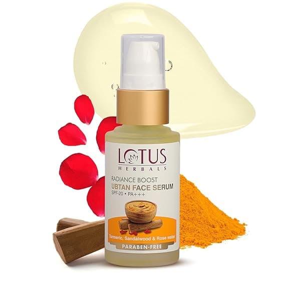 Lotus Herbals Radiance Boost Ubtan Face Serum - 30 ml, Turmeric, Sandalwood and Rose Water, Glowing Skin , Reducing Dark Spots, Paraben free, Mineral Oil Free