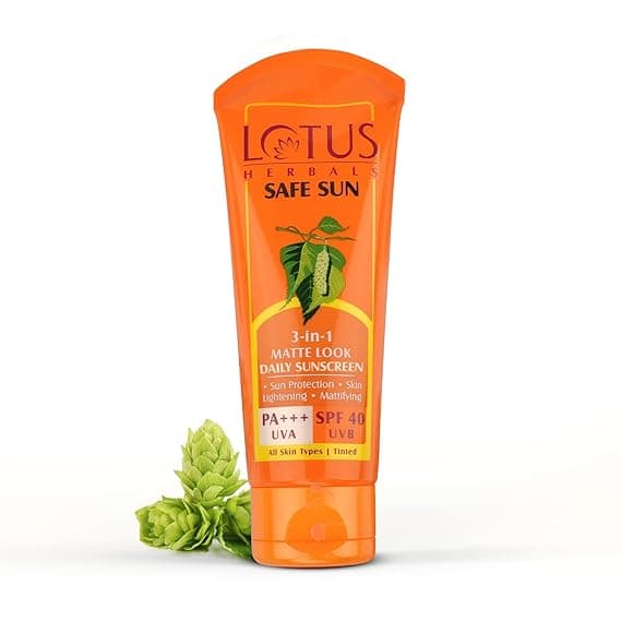 Lotus Herbals SafeSun 3-in-1 Matte look daily sunscreen 100g, | Tinted Sunscreen, SPF 40 PA+++, Dermatologically tested, Mallow, Hops, Paraben free, tinted, no white cast, matte finish, All skin types