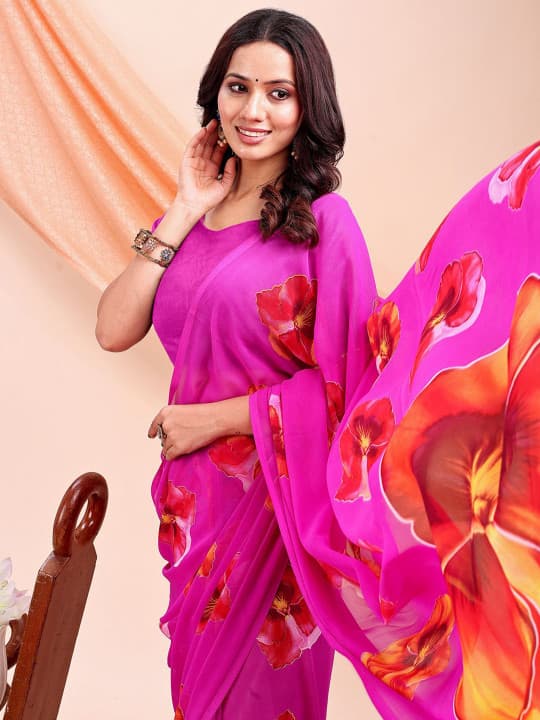Floral Printed Pure Chiffon Saree 1