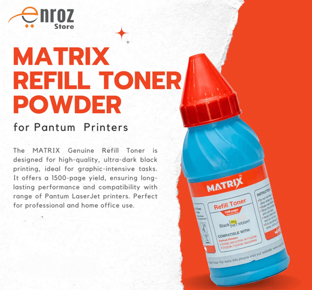 Matrix Refill Toner Use in Pantum Printer Models: M7102DW, M6502NW, P2500W, P3010DW, P3302DW, BM5100ADW, and BM5100FDW.