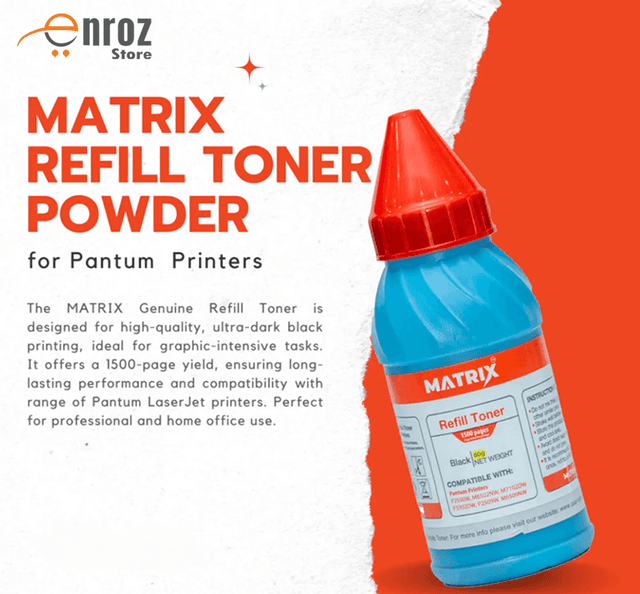 Matrix Refill Toner Use in Pantum Printer Models: M7102DW, M6502NW, P2500W, P3010DW, P3302DW, BM5100ADW, and BM5100FDW.