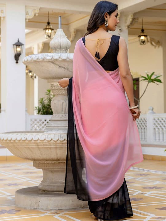 Elegant Georgette fancy Saree for women with unstiched blouse in pink and black color/Trendy Party & Festive Wear | Traditional Ethnic Fashion | Buy Online 1