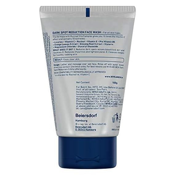 NIVEA MEN Dark Spot Reduction Face Wash 100 g, With Ginko and Ginseng Extracts for Clean, Healthy & Clear Skin in Summer, 10 X Vitamin C Effect for Radiant Skin, For Dark Spot Reduction 2