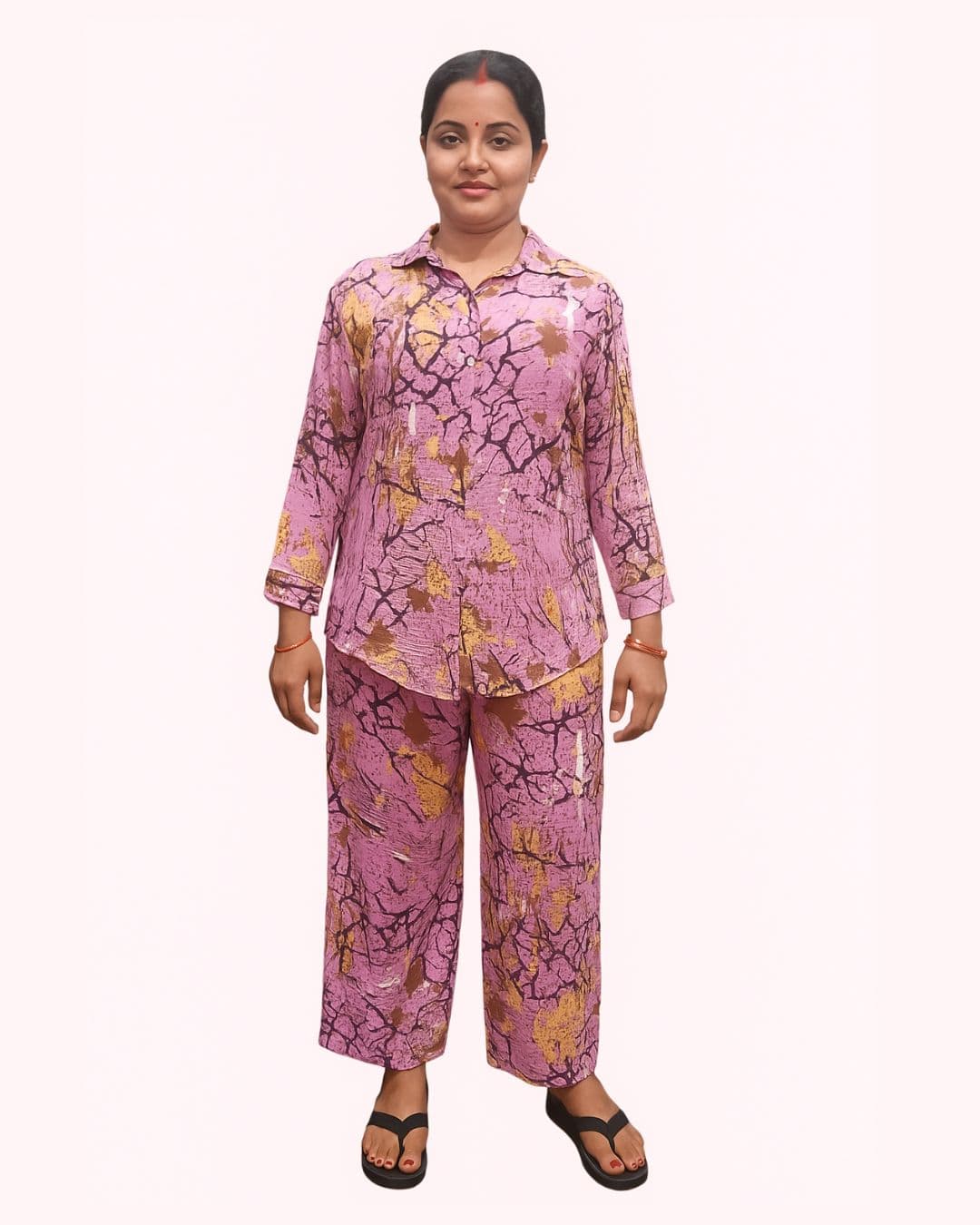 Navjyoti Pink Printed Mandarin Collar Top With Palazzos, 3 pcs top sets
